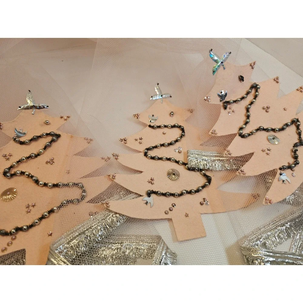 Vintage pink‎ Handmade Beaded Tulle Christmas Tree Tablecloth with Tinsel Fringe